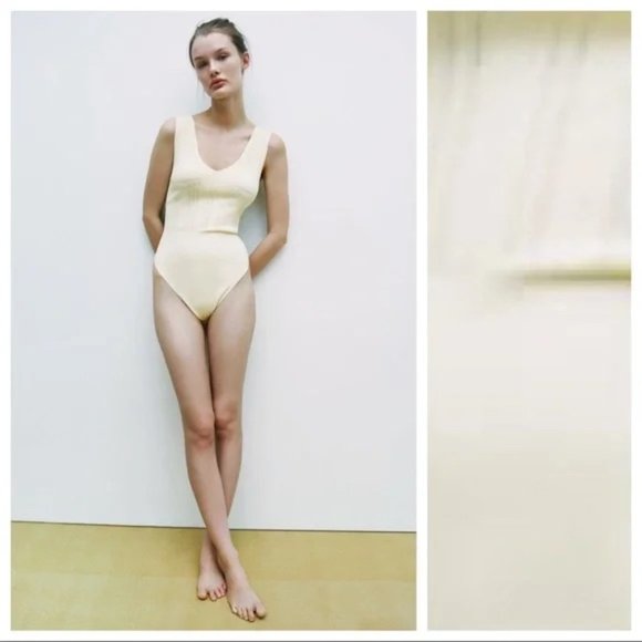 NWOT ZARA OYSTER WHITE KNIT V-NECK POINTELLE BODYSUIT - Picture 2 of 3